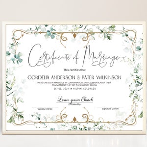 Greenery wedding certificate template, eucalyptus certificate of marriage, editable marriage certificate, renewal of vows certificate