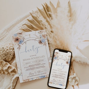 Editable spanish baptism invitation, bautizo invitation espanol, pampas grasses mi bautizo invite, invitaciones de bautizo digitales, P156
