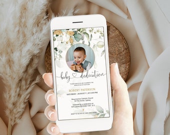 Electronic dedication invitation template, smart phone baptism invitation with photo, electronic christening evite, baby message invite P52