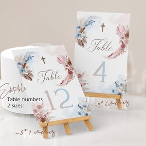 Christening table numbers template, blue pink floral table number, printable table numbers, first communion, baptism table number, P141