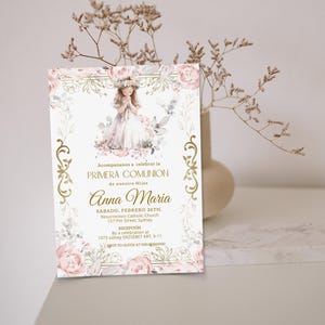 Invitación a la primera comunión de la niña, primera comunión, girl first communion invite template, pink gold chistening invitation, P223