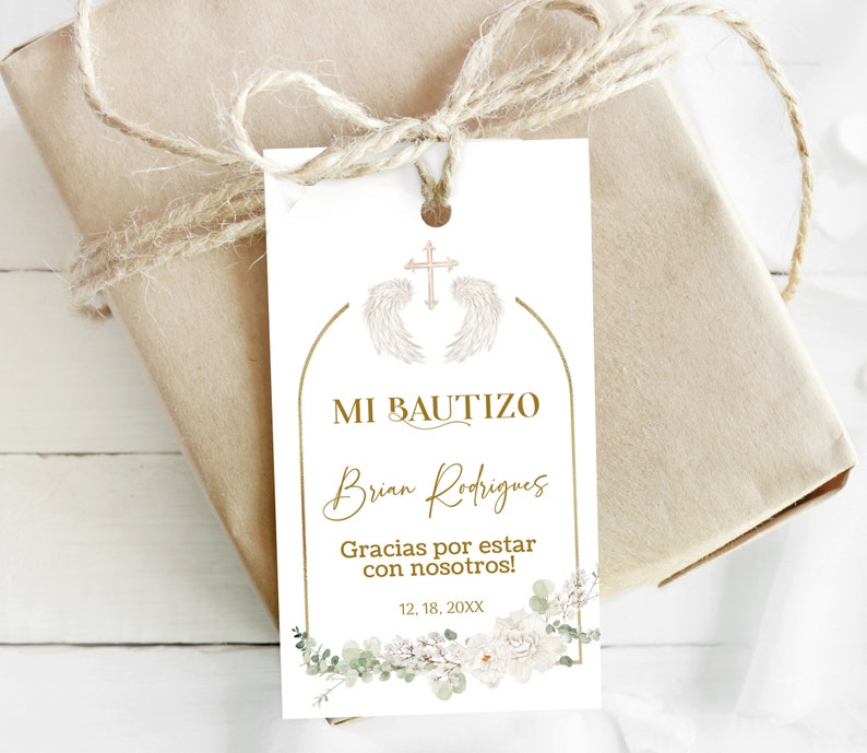 Mi bautizo thank you tags template, spanish favor tag gold elegant, angel baptism favor tag, spanish baptism fevor teg, thank you teg, P200 image 4