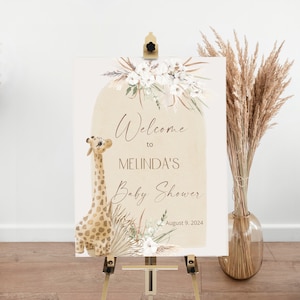 Giraffe baby shower welcome sign, boho baby shower, pampas grass baby sign, boho reception sign template, baby shower welcome poster P82