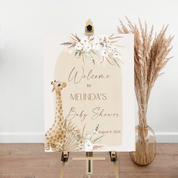 Giraffe baby shower welcome sign, boho baby shower, pampas grass baby sign, boho reception sign template, baby shower welcome poster P82