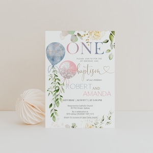 Twins 1st birthday and baptism invitation template, twin girl boy christening invitation, pink blue balloon birthday watercolor invite, P54