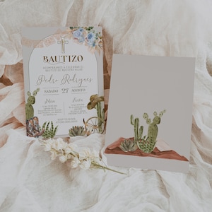 May include: A light brown invitation card with a gold cross and the text "BAUTIZO" and "Pedro Rodrigues" in gold lettering. The card features a watercolor illustration of cacti, cowboy boots, and a wagon wheel. The text "SABADO 27 AGOSTO" is also included.