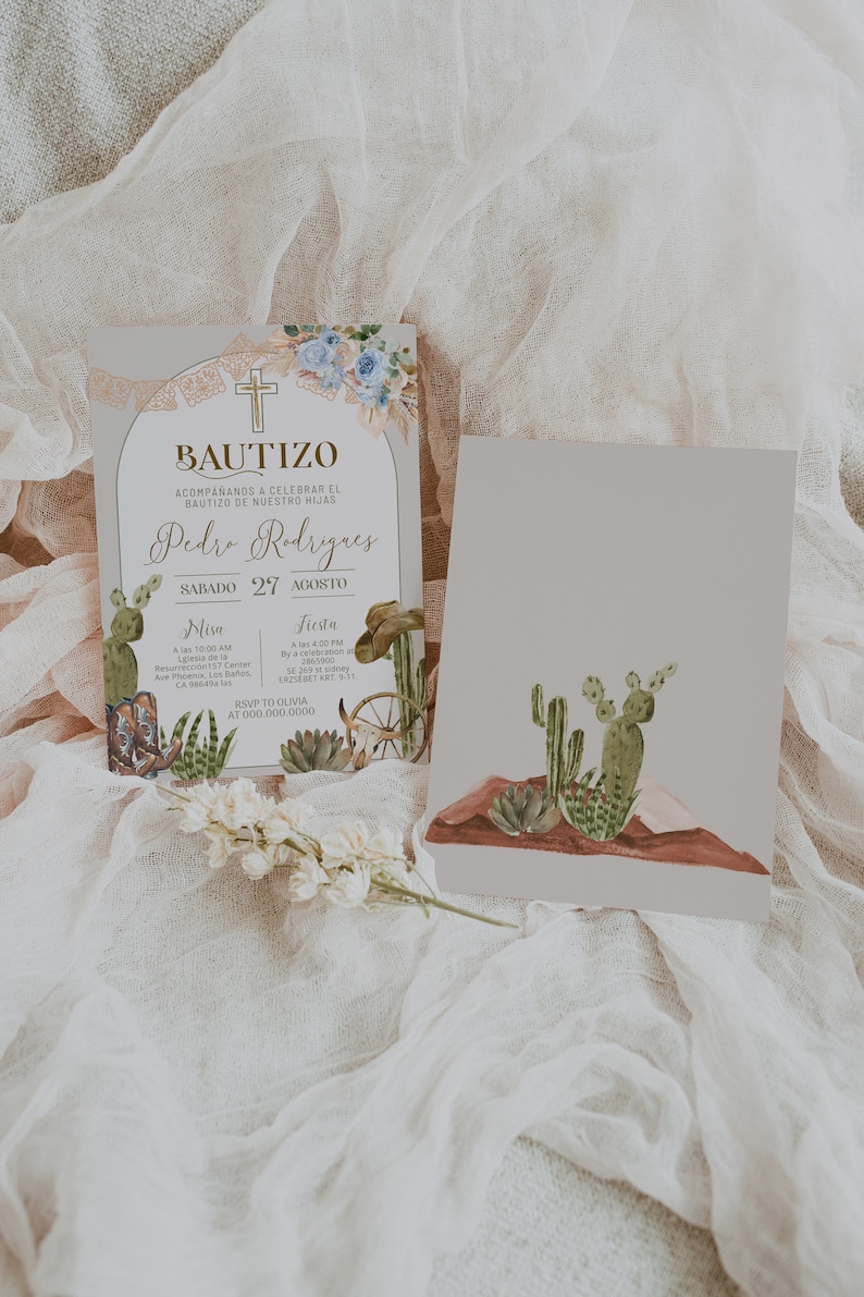 May include: A light brown invitation card with a gold cross and the text "BAUTIZO" and "Pedro Rodrigues" in gold lettering. The card features a watercolor illustration of cacti, cowboy boots, and a wagon wheel. The text "SABADO 27 AGOSTO" is also included.