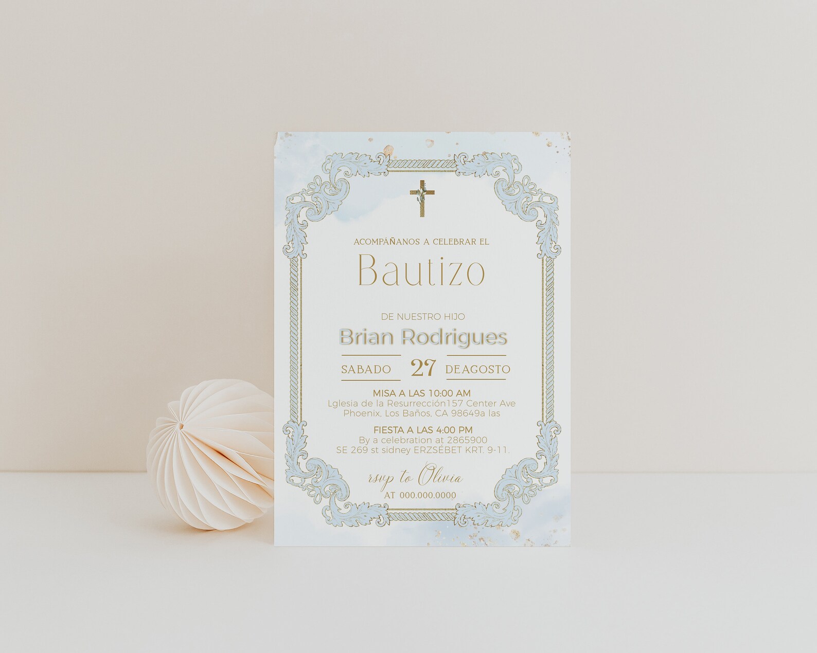 Blue Gold Spanish Baptism iInvitation, Invitación de Bautizo Template ...