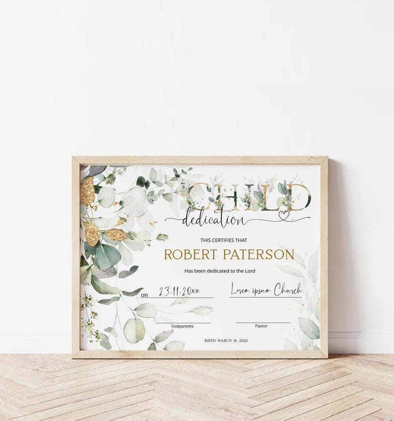 Child Dedication Lettering Child Dedication Certificate Template Greenery Dedication Certificate ...