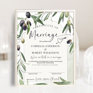 Greenery marriage certificate, editable wedding certificate template, olive branches certificate of marriage, wedding keepsake, P226