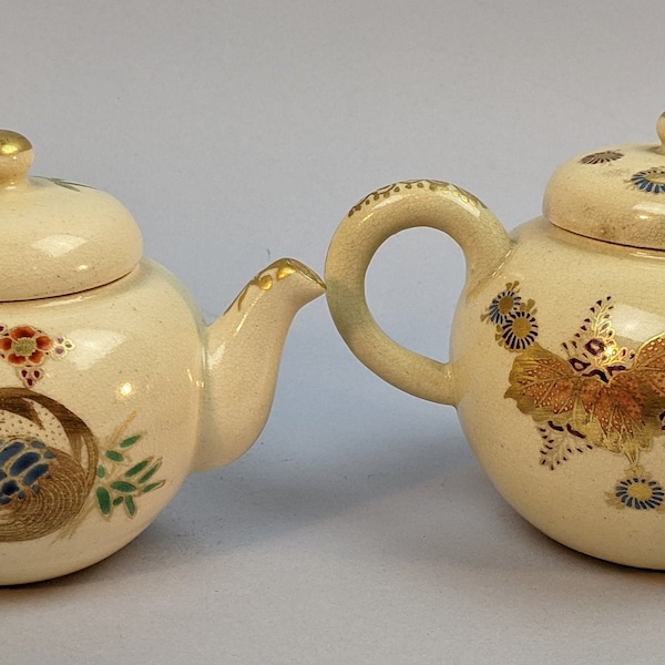 Two Small Antique Satsuma Ware Teapots, Crane Minogame Plum Blossom Bamboo Paulownia Chrysanthemum Kiku Gold Gilt Decorations Unmatched Pair