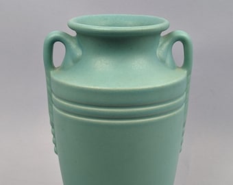 American Art Pottery Deco Matte Turquoise Powder Blue Vase, Handles Handled # 108, Zanesville Ohio Stoneware Company, 1930s 1940s Pre WWII