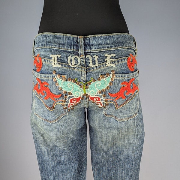 Vintage People for Peace Los Angeles Embroidered Love Jeans, Butterfly Rivets Lower Back Tattoo Tramp Stamp Denim, Women's Size 27 Waist 30