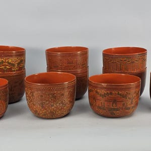 Set of Ten Burmese Burma or Thai Thailand Lacquered Bowls, Detailed Red Yellow Carved Sgraffito Floral Animal Human Designs Motif Pre WWII