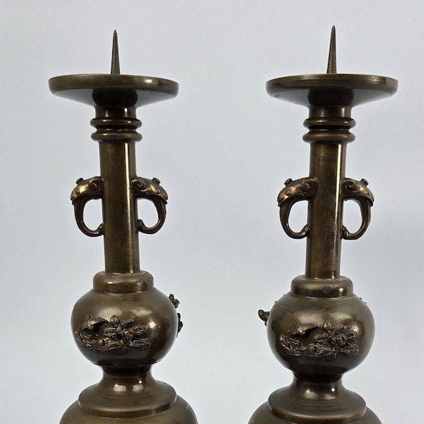 Old Pair of Bronze Japanese Buddhist Shokudai Candle Sticks Pricket Candlesticks Holders, Butsudan Temple Altar Items Votive, Marked Sanchi