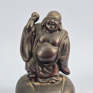Small Japanese Bizen Yaki Ware Hotei Budai Putai, Taisho Era Standing Happy Laughing Buddha on Treasure Sack w/ Pearl Lucky Belly Feng Shui