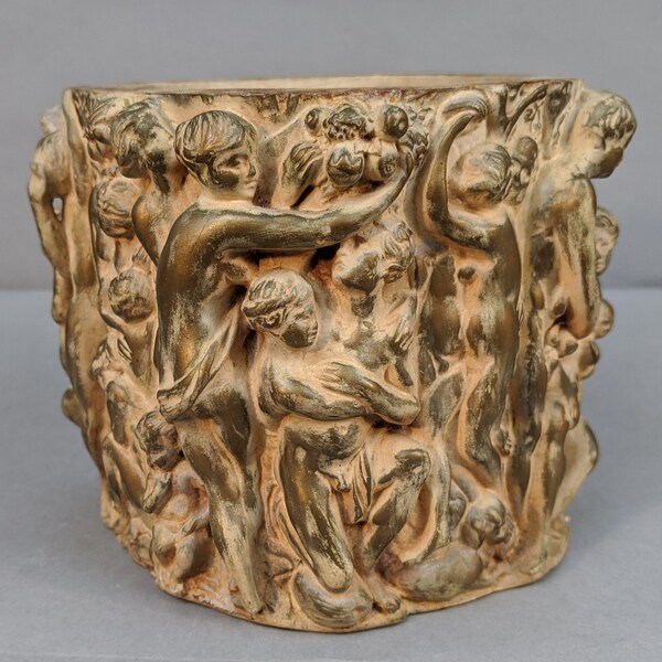 SALE-Dini e Cellai Signa Italy Italian Gilt Gilded Terracotta Ceramic Art Pottery Planter Vase Roman Greek Mythology Bacchus Bacchanalian Fg