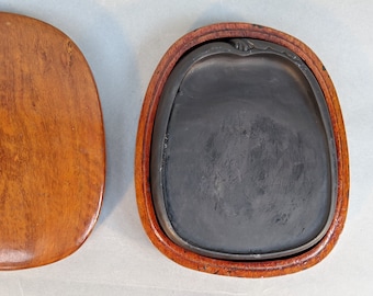 Vintage Chinese Carved Duan Yan Yi Duanzhou Inkstone Ink Stone Squash Pumpkin w/ Leaves in Case, Calligraphy Four Treasures Scholar's Object