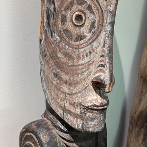 LOCAL PICKUP ONLY- Inlaid Wood Oceanic Oceania South Pacific Carving, Possibly Papua New Guinea Sepik, Primitive Tribal Tiki Figure 57&quot;