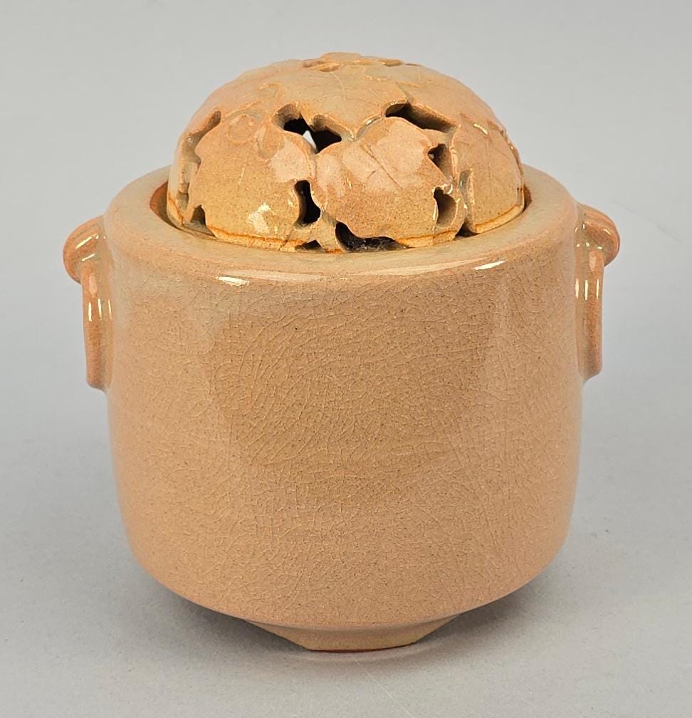 Japanese Hagi Yaki Ware Pink Censer Incense Burner, Grape Leaves