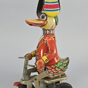 Vintage Wind Up Wind-Up Tin Toy Circus Duck Pedaling Tricycle Bicycle w/ Spinning Propeller Hat 1970s or 1980s Circus Made in China Works