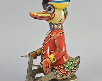 Vintage Wind up Wind-up Tin Toy Circus Duck Pedaling Tricycle