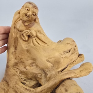 Japanese or Chinese Carved Root Wood Rootwood Budai or Putai, 20th C Carving of the Happy Laughing Buddha Lucky Belly Good Fortune Feng Shui