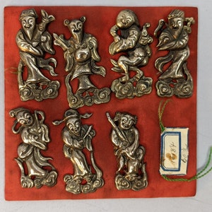 Set of 7 Chinese Antique High Alloy Silver Immortals or Lucky Gods, For Infant Child or Boy Hat, Excellent Quality, China Qing Dynasty