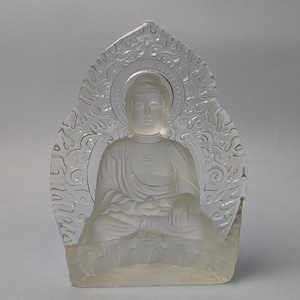 Beautiful Molded and Frosted Glass Japanese Amida Amitabha Amitayus Buddha, Paperweight Bookend Ornament Altar Piece, Heisei Era, Buddhism