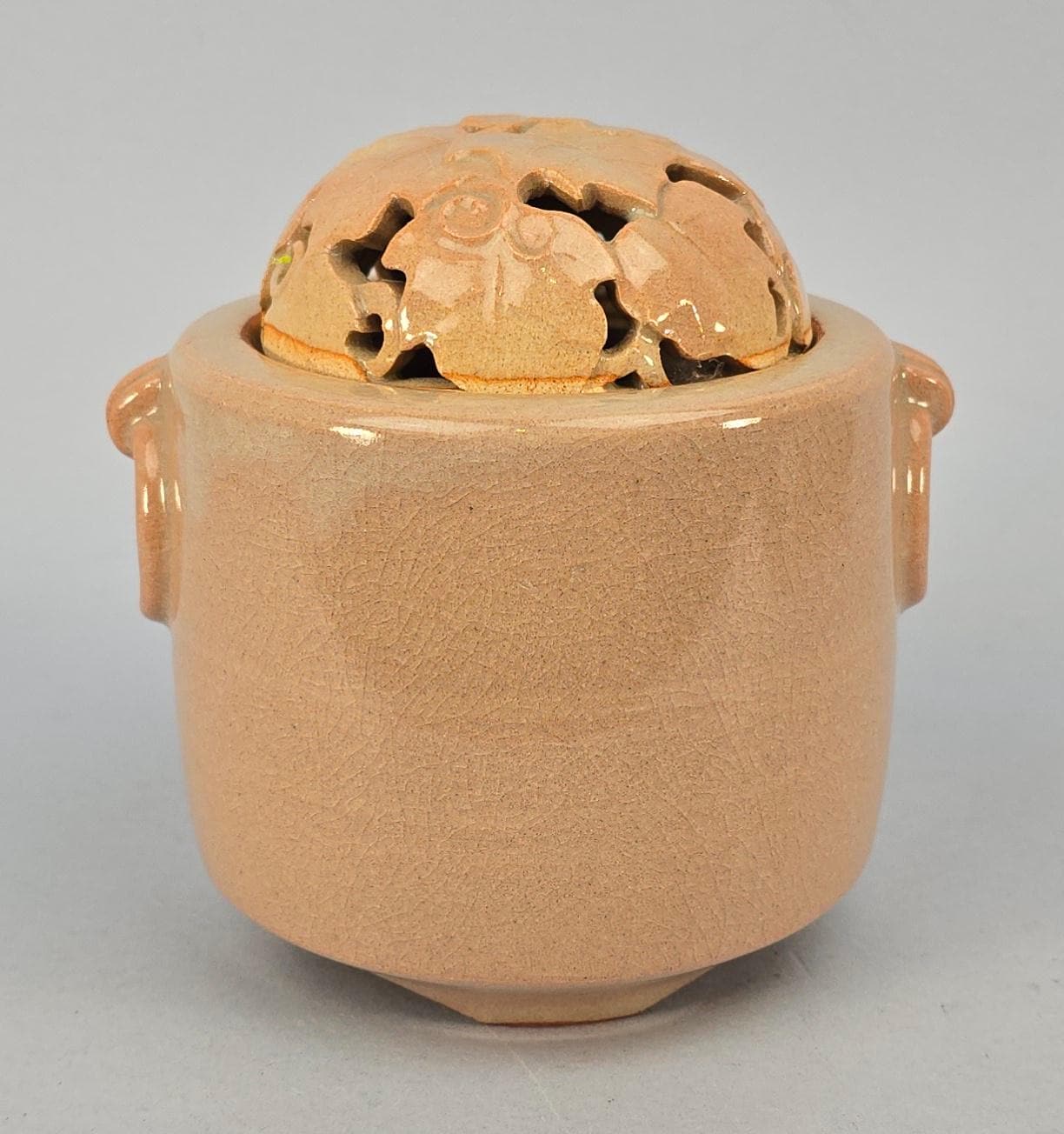 Japanese Hagi Yaki Ware Pink Censer Incense Burner, Grape Leaves