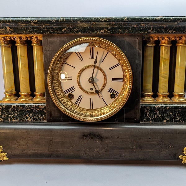 LOCAL PICKUP ONLY- Seth Thomas Antique Victorian Edwardian Adamantine Mantel Clock Faux Marble Top Celluloid Columns Working Bell, Overwound