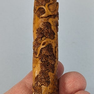 Carved Wood Chinese or Japanese Stick Incense Holder Container, Figures in Garden w/ Pine Trees, People&#39;s Republic Era PROC, Nice Details