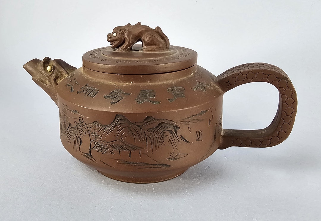 Older Vintage Chinese Yixing Zisha Clay Teapot Tea Pot, Dragons Carved