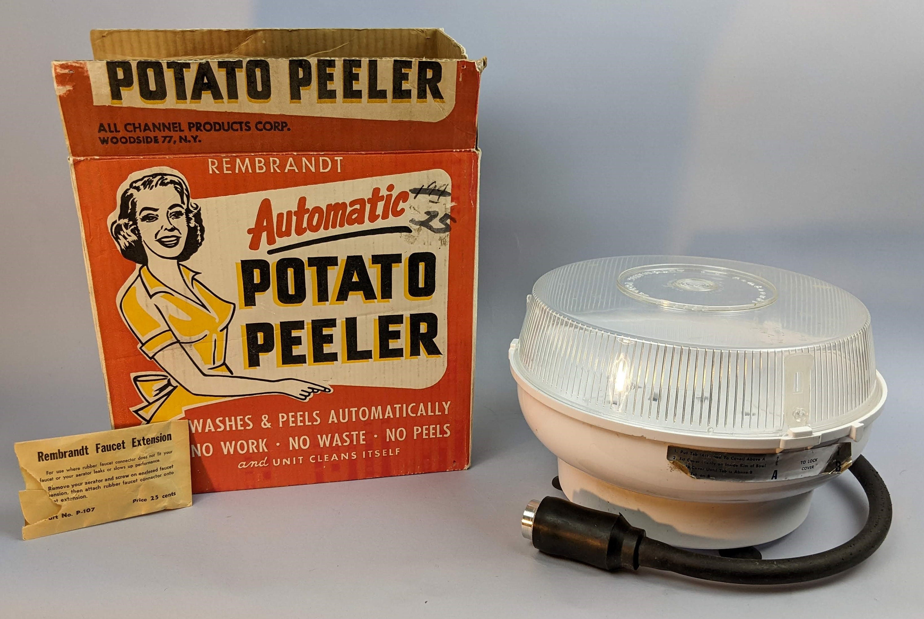 Vintage 1950s Fifties Rembrandt Automatic Potato Peeler Kitchen Gadget  Great Condition, Original Box and Inserts, Attachments, 50s Graphics 