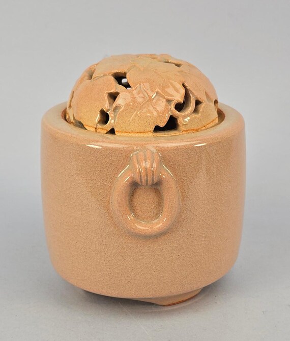 Japanese Hagi Yaki Ware Pink Censer Incense Burner, Grape Leaves