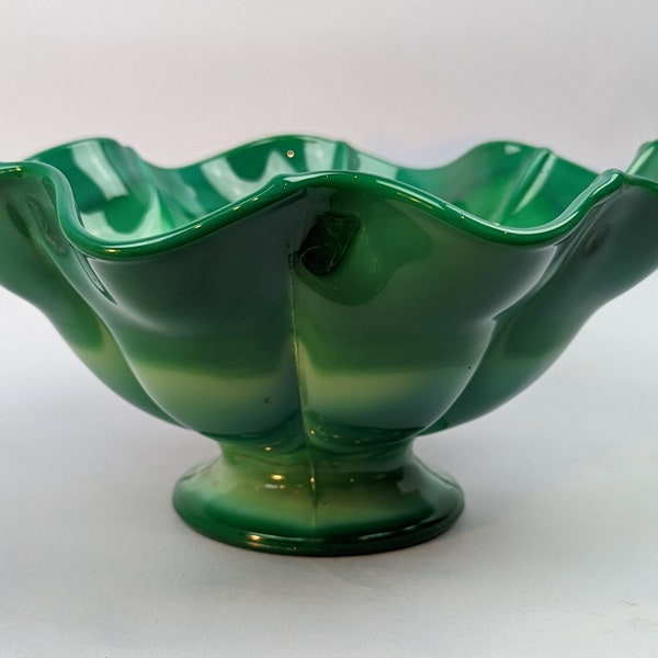 Art Deco 1920s 1930s Malachite Glass Compote, Ruffle Bowl Dish, Bohemian Glass Czech Schlevogt, Pressed Green Agate Ware Slag Art Glass