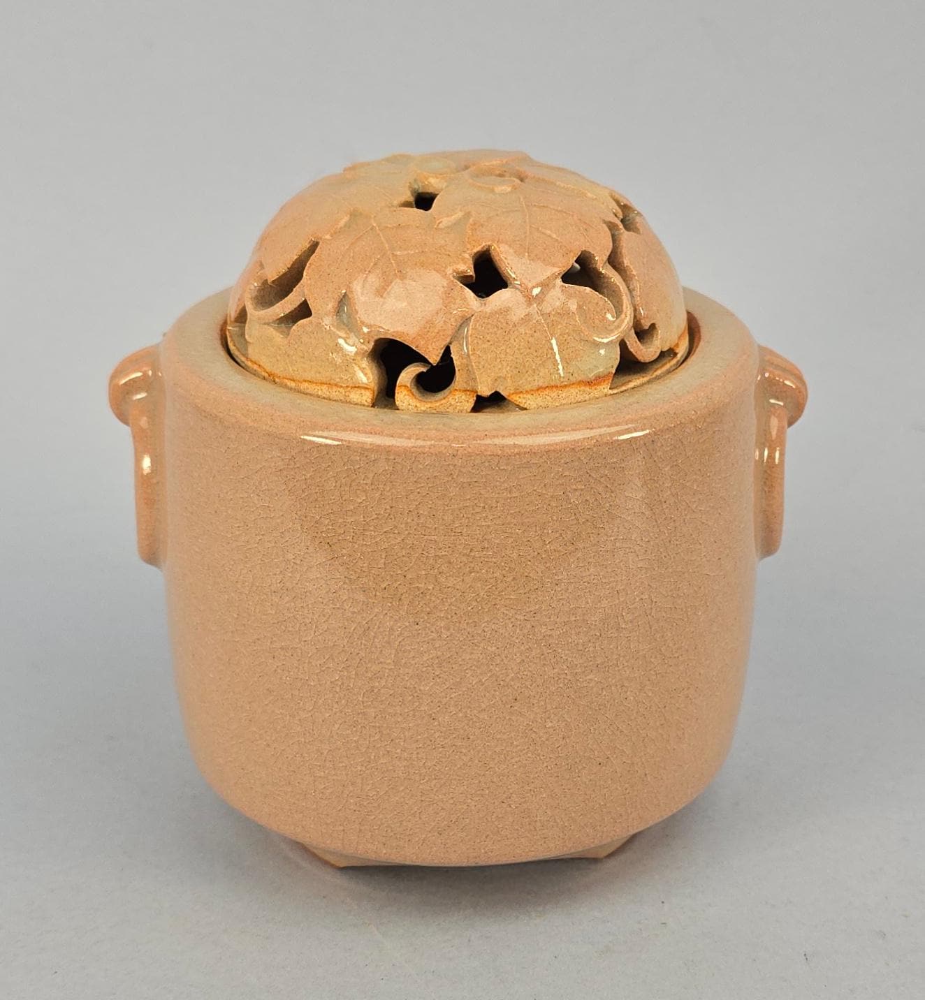 Japanese Hagi Yaki Ware Pink Censer Incense Burner, Grape Leaves
