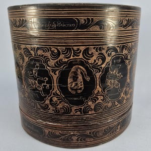 Antique Burmese Burma Lacquer Betel Box Three Sections, Detailed Red Black Carved Sgraffito Zodiac Animal Human Designs Motif Early 20th C