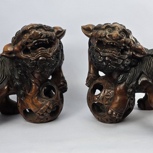 Antique Chinese Republic of China Pair of Carved Foo Fu Lions Dogs Temple Guardians Elm Wood Wooden Carvings, Male Female Balls Inside Balls