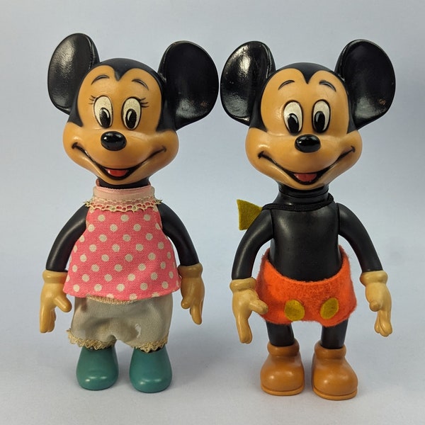 Vintage 1960s Mickey and Minnie Mouse Sqeak Squeaky Toy, Works Working, Moveable Poseable Articulated, Walt Disney Productions Made in Japan
