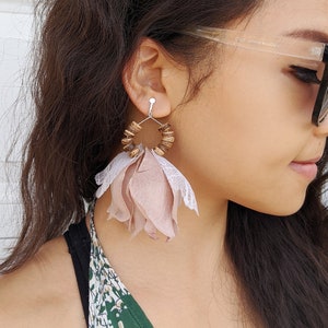 Bohemian earrings, flower statement earrings, clip on statement earrings,  lace earrings, floral earring, spring earrings, large earrings