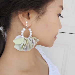 Mint green earrings, clip on statement earrings, floral earrings, large earrings, flower earrings, clip on floral earrings, beach earrings