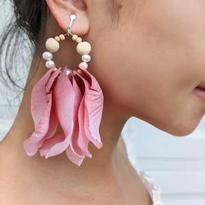 Large pink rose petal earrings, oversized statement earrings, flower earrings, dangle large drop earrings, clip on statement earrings