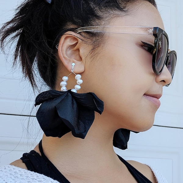 Elegant black rose earrings, clip on statement earrings, large drop earrings, floral earrings, large dangle earrings, pearl earrings