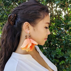 Tangerine rose earrings, clip on earrings, tropical earrings, clip on statement earrings, floral earring, summer earrings, flower earrings