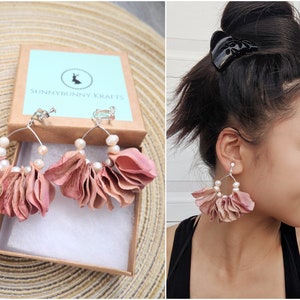 Pink flower earrings, clip on statement earrings, drop earrings, floral earrings, large earrings, clip on floral earrings, flower earrings