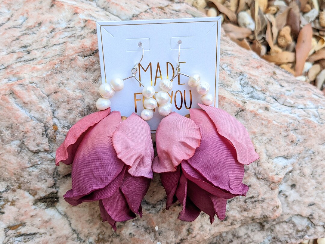 Magenta Rose Petal Earrings, Fuchsia Flower Statement Earrings - Main Image