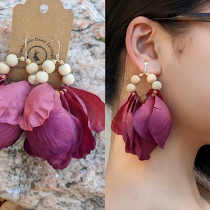 Bold magenta rose petal earrings, statement fashion earrings, Big red flower earrings, dangle large drop earrings, clip on statement earring