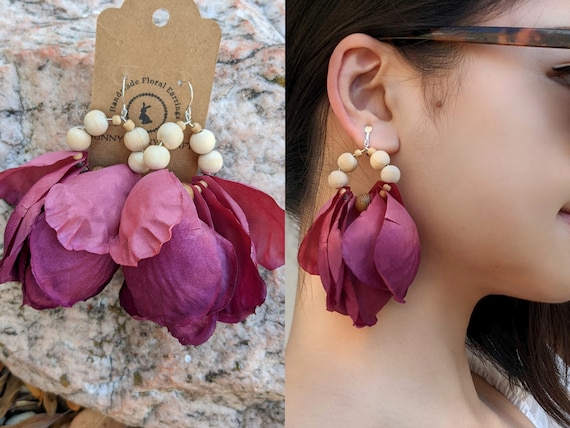 Bold Magenta Rose Petal Earrings Statement Fashion Earrings Big Red Flower Earrings Dangle Large Drop Earrings Clip on Statement Earring Etsy