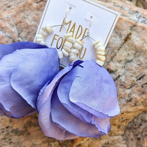Very peri flower earrings, flower statement earrings, large flower earrings, oversized drop earrings, white gold plated ear wires